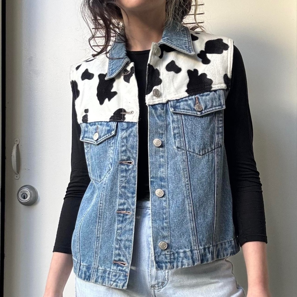 Don’t Mess With Texas Denim Vest With Top Yoke Cowhide Detail Size XL